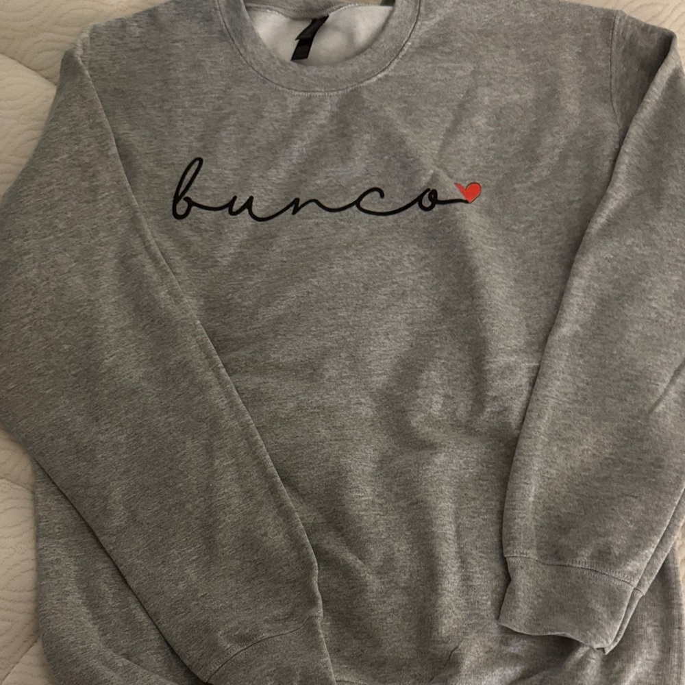 BUNCO FANS - Gildan Gray Sweatshirt with Black Script and Red Heart BRAND NEW